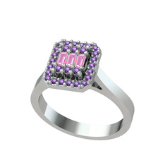Yue Baget Yüzük - Pembe kuvars ve ametist 14 ayar beyaz altın yüzük #1ap8fkm