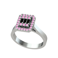 Yue Baget Yüzük - Siyah zirkon ve pembe kuvars 8 ayar beyaz altın yüzük #1t9ql3y