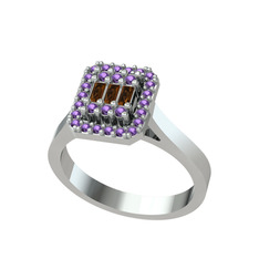 Yue Baget Yüzük - Dumanlı kuvars ve ametist 18 ayar beyaz altın yüzük #h9io8j