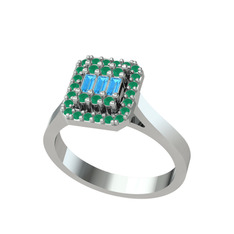 Yue Baget Yüzük - Akuamarin ve kök zümrüt 18 ayar beyaz altın yüzük #nvf3l5