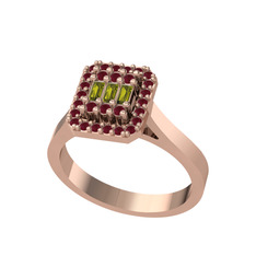 Peridot ve kök yakut 14 ayar rose altın yüzük