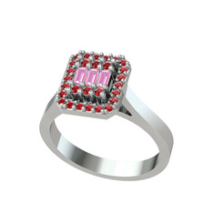 Pembe kuvars ve garnet 18 ayar beyaz altın yüzük