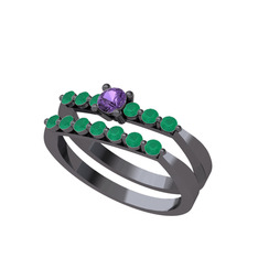 İkili 7 Taş Yüzük - Ametist ve kök zümrüt 925 ayar siyah rodyum kaplama gümüş yüzük #11pcprj