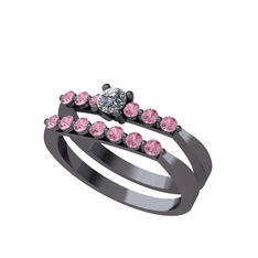 İkili 7 Taş Yüzük - Swarovski ve pembe kuvars 925 ayar siyah rodyum kaplama gümüş yüzük #11pkpp0