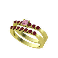 İkili 7 Taş Yüzük - Pembe kuvars ve kök yakut 8 ayar altın yüzük #11va6mo