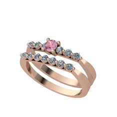 İkili 7 Taş Yüzük - Pembe kuvars ve pırlanta 8 ayar rose altın yüzük (0.52 karat) #162tfzk