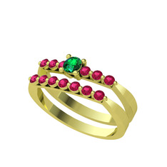 İkili 7 Taş Yüzük - Yeşil kuvars ve rodolit garnet 18 ayar altın yüzük #16kf0x4