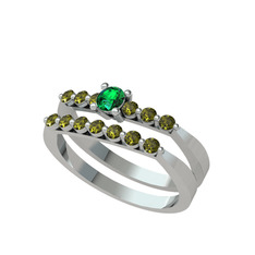 İkili 7 Taş Yüzük - Yeşil kuvars ve peridot 18 ayar beyaz altın yüzük #1743c94