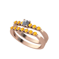İkili 7 Taş Yüzük - Swarovski ve sitrin 14 ayar rose altın yüzük #17berx4