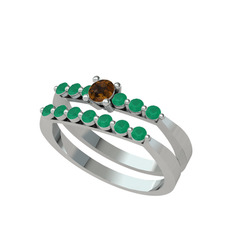 Dumanlı kuvars ve kök zümrüt 14 ayar beyaz altın yüzük