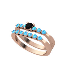 İkili 7 Taş Yüzük - Siyah zirkon ve akuamarin 14 ayar rose altın yüzük #18m1skj