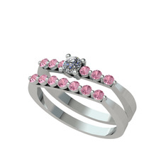 İkili 7 Taş Yüzük - Pırlanta ve pembe kuvars 14 ayar beyaz altın yüzük (0.24 karat) #18s40ar