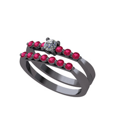 İkili 7 Taş Yüzük - Swarovski ve rodolit garnet 925 ayar siyah rodyum kaplama gümüş yüzük #19sx23q