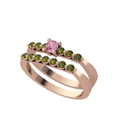 İkili 7 Taş Yüzük - Pembe kuvars ve peridot 925 ayar rose altın kaplama gümüş yüzük #1ar2i02