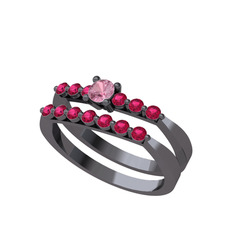 İkili 7 Taş Yüzük - Pembe kuvars ve rodolit garnet 925 ayar siyah rodyum kaplama gümüş yüzük #1c135ln