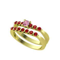 İkili 7 Taş Yüzük - Pembe kuvars ve garnet 18 ayar altın yüzük #1d8l3ce