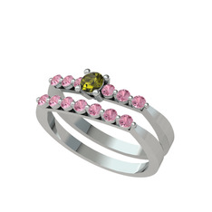 Peridot ve pembe kuvars 18 ayar beyaz altın yüzük