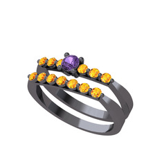 İkili 7 Taş Yüzük - Ametist ve sitrin 925 ayar siyah rodyum kaplama gümüş yüzük #1e1wgkk