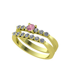 İkili 7 Taş Yüzük - Pembe kuvars ve swarovski 14 ayar altın yüzük #1eg4thl