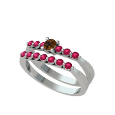 İkili 7 Taş Yüzük - Dumanlı kuvars ve rodolit garnet 8 ayar beyaz altın yüzük #1fse7no