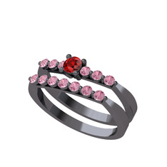 İkili 7 Taş Yüzük - Garnet ve pembe kuvars 925 ayar siyah rodyum kaplama gümüş yüzük #1gq0mef