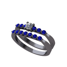 İkili 7 Taş Yüzük - Pırlanta ve lab safir 925 ayar siyah rodyum kaplama gümüş yüzük (0.24 karat) #1lc9b2f