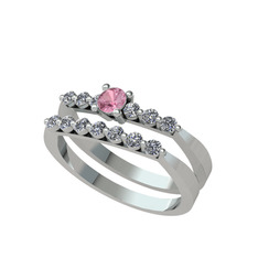 İkili 7 Taş Yüzük - Pembe kuvars ve swarovski 18 ayar beyaz altın yüzük #1mfqhso