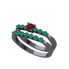 İkili 7 Taş Yüzük - Kök yakut ve kök zümrüt 925 ayar siyah rodyum kaplama gümüş yüzük #1n3mmyt