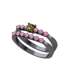 İkili 7 Taş Yüzük - Peridot ve pembe kuvars 925 ayar siyah rodyum kaplama gümüş yüzük #1pbnjnn