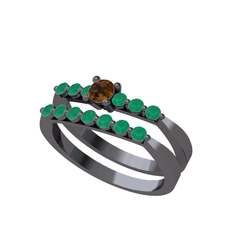 İkili 7 Taş Yüzük - Dumanlı kuvars ve kök zümrüt 925 ayar siyah rodyum kaplama gümüş yüzük #1pts6q3