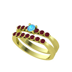 İkili 7 Taş Yüzük - Akuamarin ve kök yakut 8 ayar altın yüzük #1pwb1s1