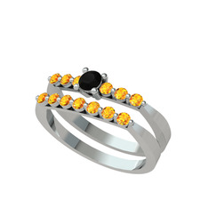 İkili 7 Taş Yüzük - Siyah zirkon ve sitrin 18 ayar beyaz altın yüzük #1qcbwbi