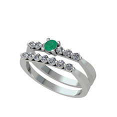 İkili 7 Taş Yüzük - Kök zümrüt ve pırlanta 14 ayar beyaz altın yüzük (0.52 karat) #1qkeuge