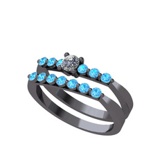 İkili 7 Taş Yüzük - Pırlanta ve akuamarin 925 ayar siyah rodyum kaplama gümüş yüzük (0.24 karat) #1t4pfw5