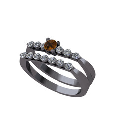 İkili 7 Taş Yüzük - Dumanlı kuvars ve beyaz zirkon 925 ayar siyah rodyum kaplama gümüş yüzük #1terg5c