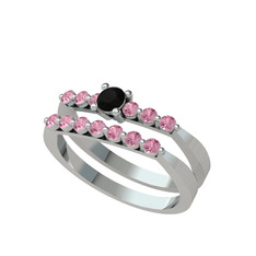 İkili 7 Taş Yüzük - Siyah zirkon ve pembe kuvars 8 ayar beyaz altın yüzük #1xqqhzm