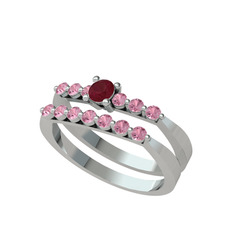 İkili 7 Taş Yüzük - Kök yakut ve pembe kuvars 18 ayar beyaz altın yüzük #5eoy3y
