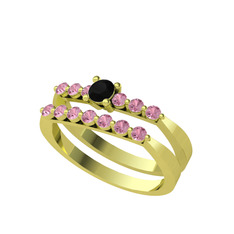 İkili 7 Taş Yüzük - Siyah zirkon ve pembe kuvars 14 ayar altın yüzük #80jvkl