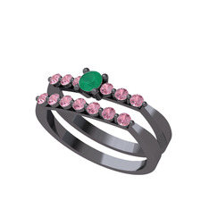 İkili 7 Taş Yüzük - Kök zümrüt ve pembe kuvars 925 ayar siyah rodyum kaplama gümüş yüzük #8gpx80