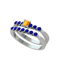 İkili 7 Taş Yüzük - Sitrin ve lab safir 14 ayar beyaz altın yüzük #akyvl1