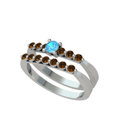 İkili 7 Taş Yüzük - Akuamarin ve dumanlı kuvars 14 ayar beyaz altın yüzük #ca4c12