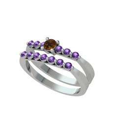 Dumanlı kuvars ve ametist 14 ayar beyaz altın yüzük