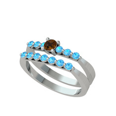 İkili 7 Taş Yüzük - Dumanlı kuvars ve akuamarin 18 ayar beyaz altın yüzük #cp0rmz