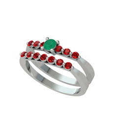 İkili 7 Taş Yüzük - Kök zümrüt ve garnet 8 ayar beyaz altın yüzük #g2eyu3