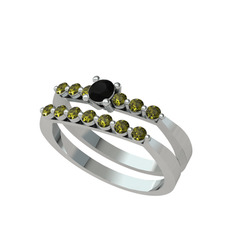 İkili 7 Taş Yüzük - Siyah zirkon ve peridot 8 ayar beyaz altın yüzük #ihiwze