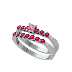 İkili 7 Taş Yüzük - Pembe kuvars ve rodolit garnet 8 ayar beyaz altın yüzük #im1y5z