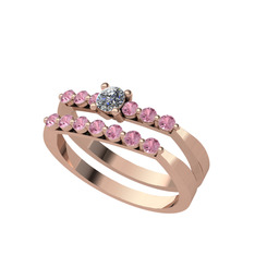 İkili 7 Taş Yüzük - Pırlanta ve pembe kuvars 8 ayar rose altın yüzük (0.24 karat) #jntdac