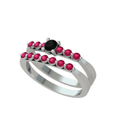 İkili 7 Taş Yüzük - Siyah zirkon ve rodolit garnet 14 ayar beyaz altın yüzük #kade5t