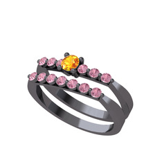 İkili 7 Taş Yüzük - Sitrin ve pembe kuvars 925 ayar siyah rodyum kaplama gümüş yüzük #kij5wh