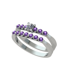İkili 7 Taş Yüzük - Swarovski ve ametist 8 ayar beyaz altın yüzük #lmn362